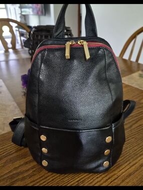 Hammitt Black Leather Backpack with Red Accent